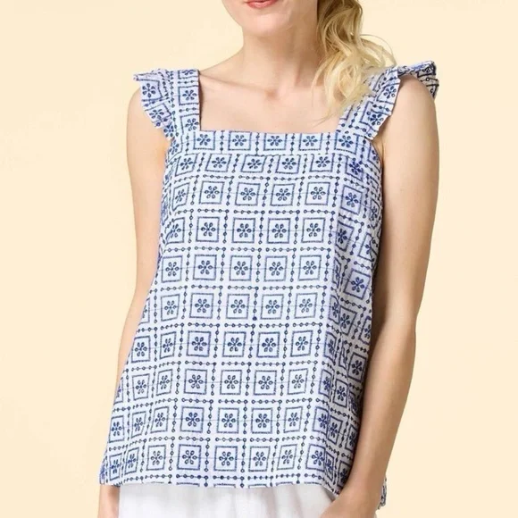Next Embroidered Eyelet Blue White Ruffled Tank Top - Picture 4 of 12